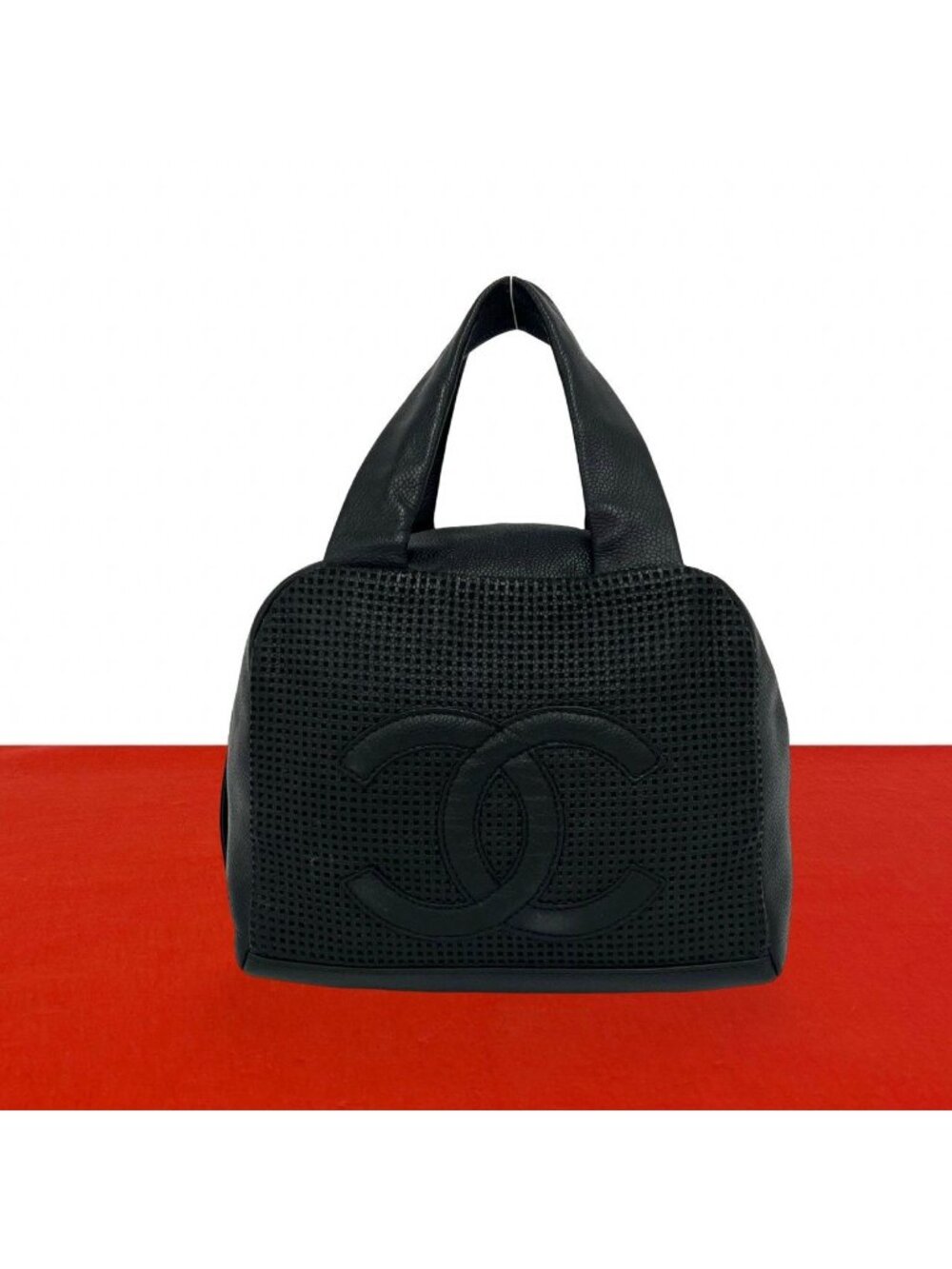 Chanel CC Logo Leather Mini Boston Bag Tote Black
